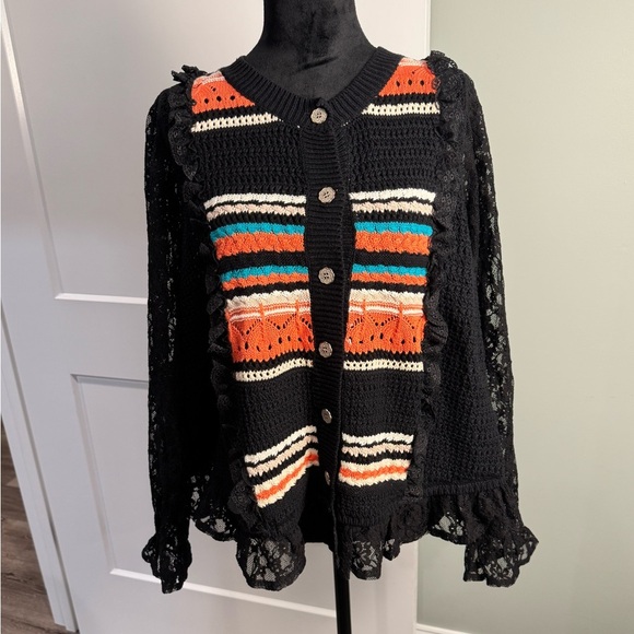 POL lace and knit multicolored cardigan big buttons oversized - Picture 1 of 9